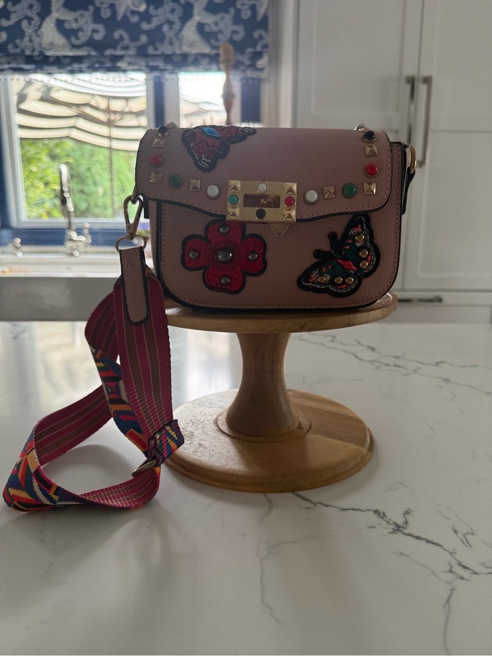 Women's Pink Embellished Crossbody Bag - Floral & Butterfly Accents
